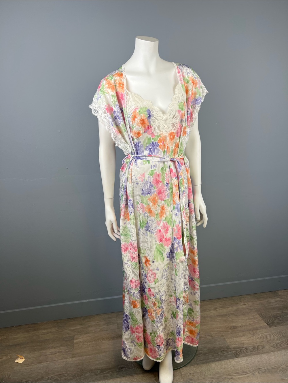 2 Piece Vintage Floral Lace-Trim Maxi Dress and Robe in Pastel Multi